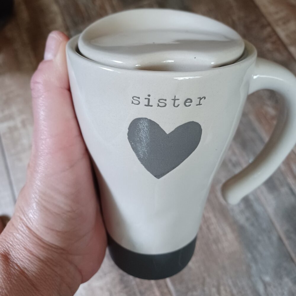 NWT SISTER CERAMIC COFFEE TRAVEL MUG